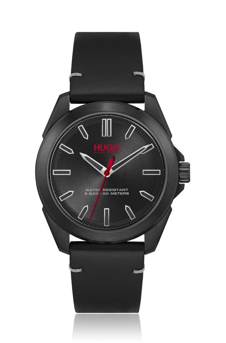 Black-plated watch with leather strap, Black
