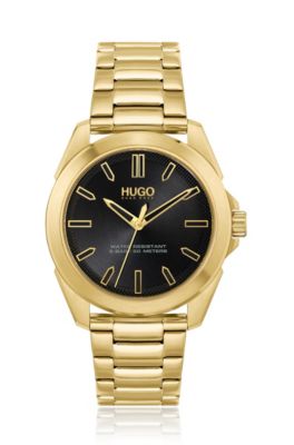 Gold-effect watch with black dial and link bracelet, Gold