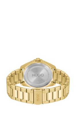 Gold-effect watch with black dial and link bracelet, Gold