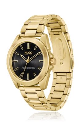 Gold-effect watch with black dial and link bracelet, Gold
