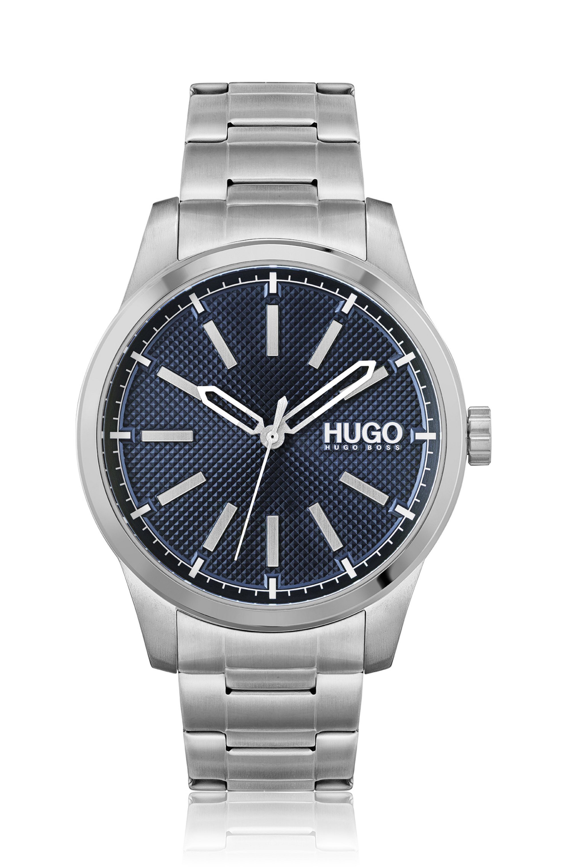 Stainless-steel watch with blue textured dial, Silver