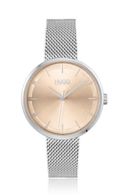 Mesh-bracelet watch with carnation-gold-effect dial, Silver