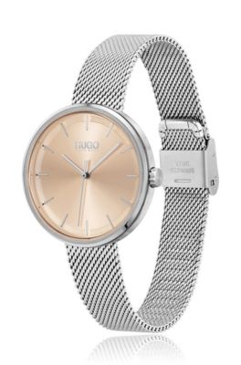 Mesh-bracelet watch with carnation-gold-effect dial, Silver