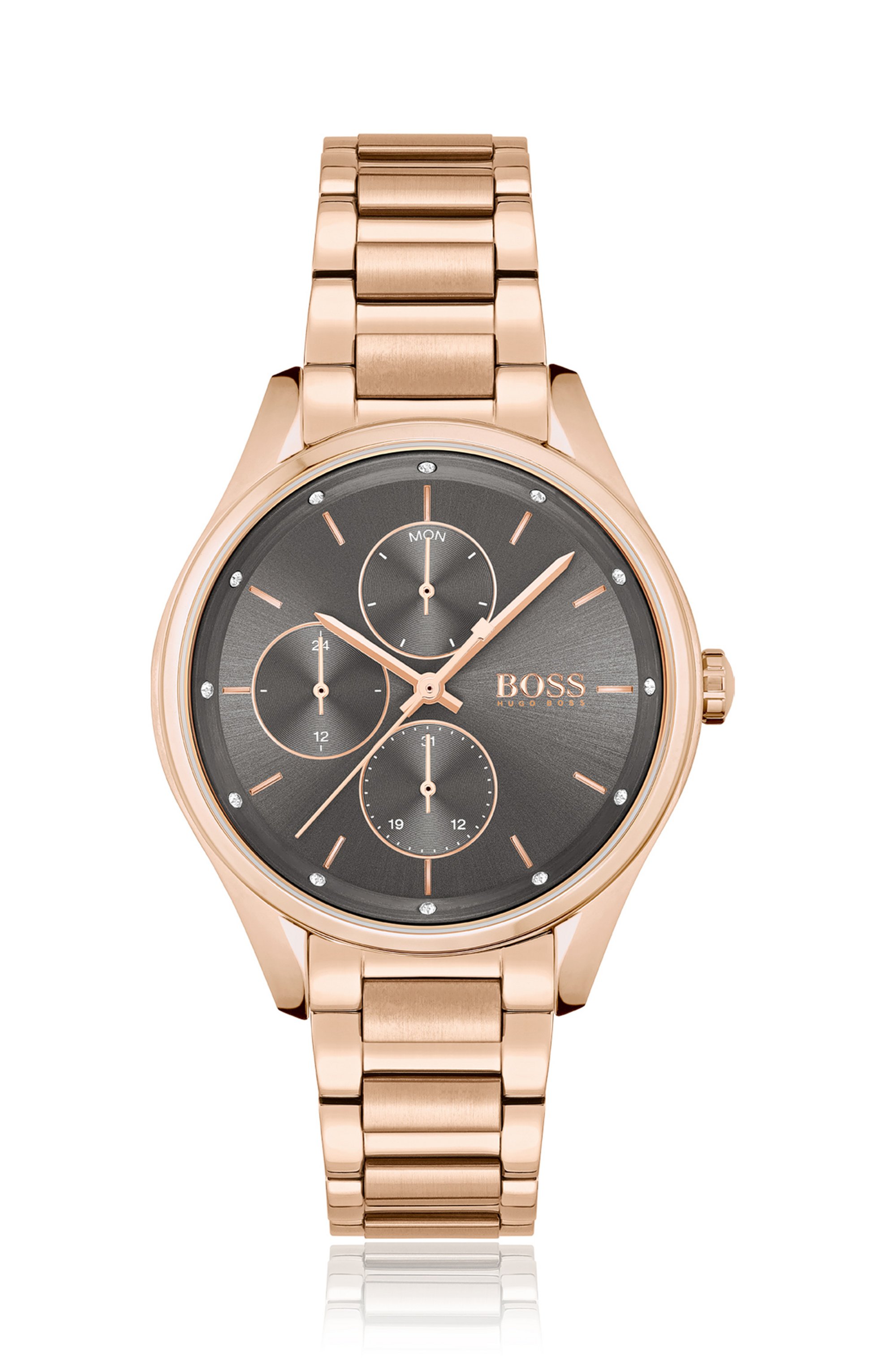 Carnation-gold-effect watch with crystal-studded grey dial, Gold