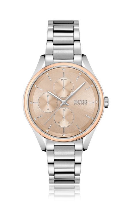 Stainless-steel multi-function watch with crystal-studded dial, Silver