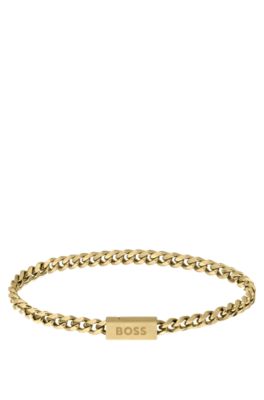 Gold-tone chain cuff with logo closure, Gold tone