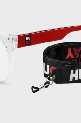 Transparent-acetate optical frames with red temples, Transparent