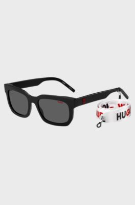 Black-acetate sunglasses with detachable slogan strap, Black