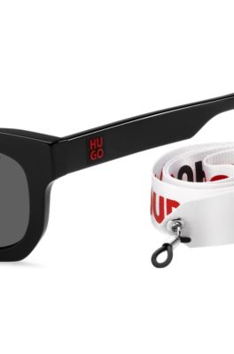 Black-acetate sunglasses with detachable slogan strap, Black