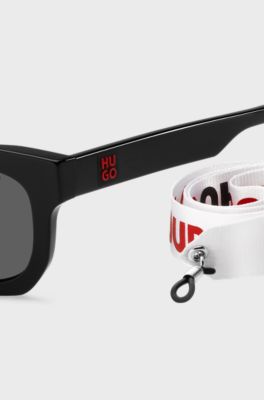Black-acetate sunglasses with detachable slogan strap, Black