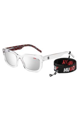 Transparent-acetate sunglasses with detachable slogan strap, Assorted-Pre-Pack