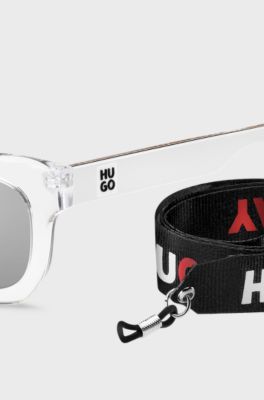 Transparent-acetate sunglasses with detachable slogan strap, Assorted-Pre-Pack
