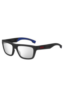 Black-acetate sunglasses with blue rubberised inner temples, Black