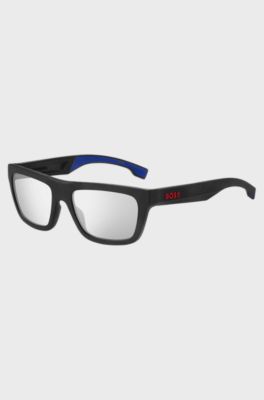 Black-acetate sunglasses with blue rubberised inner temples, Black