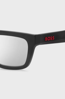 Black-acetate sunglasses with blue rubberised inner temples, Black