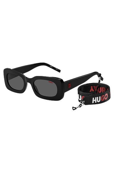 Black-acetate sunglasses with detachable slogan strap, Black