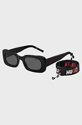 Black-acetate sunglasses with detachable slogan strap, Black