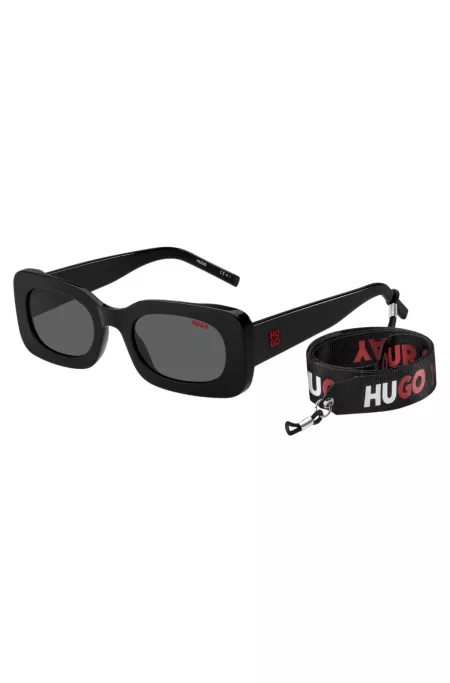 Black-acetate sunglasses with detachable slogan strap