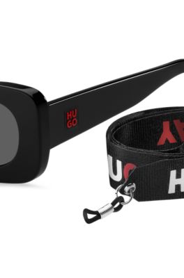 Black-acetate sunglasses with detachable slogan strap, Black