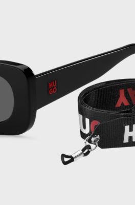 Black-acetate sunglasses with detachable slogan strap, Black