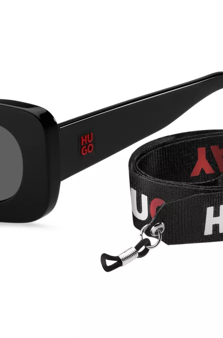 Black-acetate sunglasses with detachable slogan strap