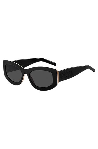 Солнцезащитные очки из биоацетата в фирменную полоску с большим логотипом на заушнике, Черный