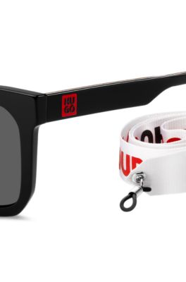 Solbriller i sort acetat med logodetaljer og aftagelig strop, Sort