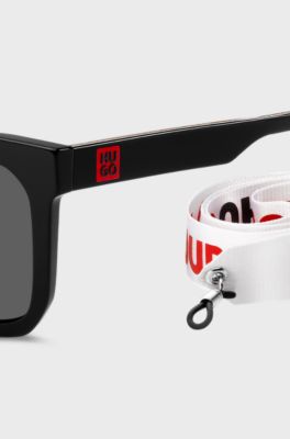 Black-acetate sunglasses with logo details and detachable strap, Black