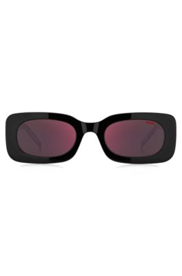 Red-and-black-acetate sunglasses with detachable slogan strap, Red