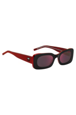 Red-and-black-acetate sunglasses with detachable slogan strap, Red