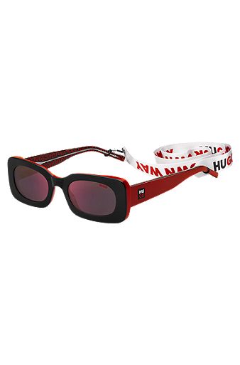 Rot-schwarze Acetat-Sonnenbrille mit abnehmbarem Slogan-Riemen, Rot