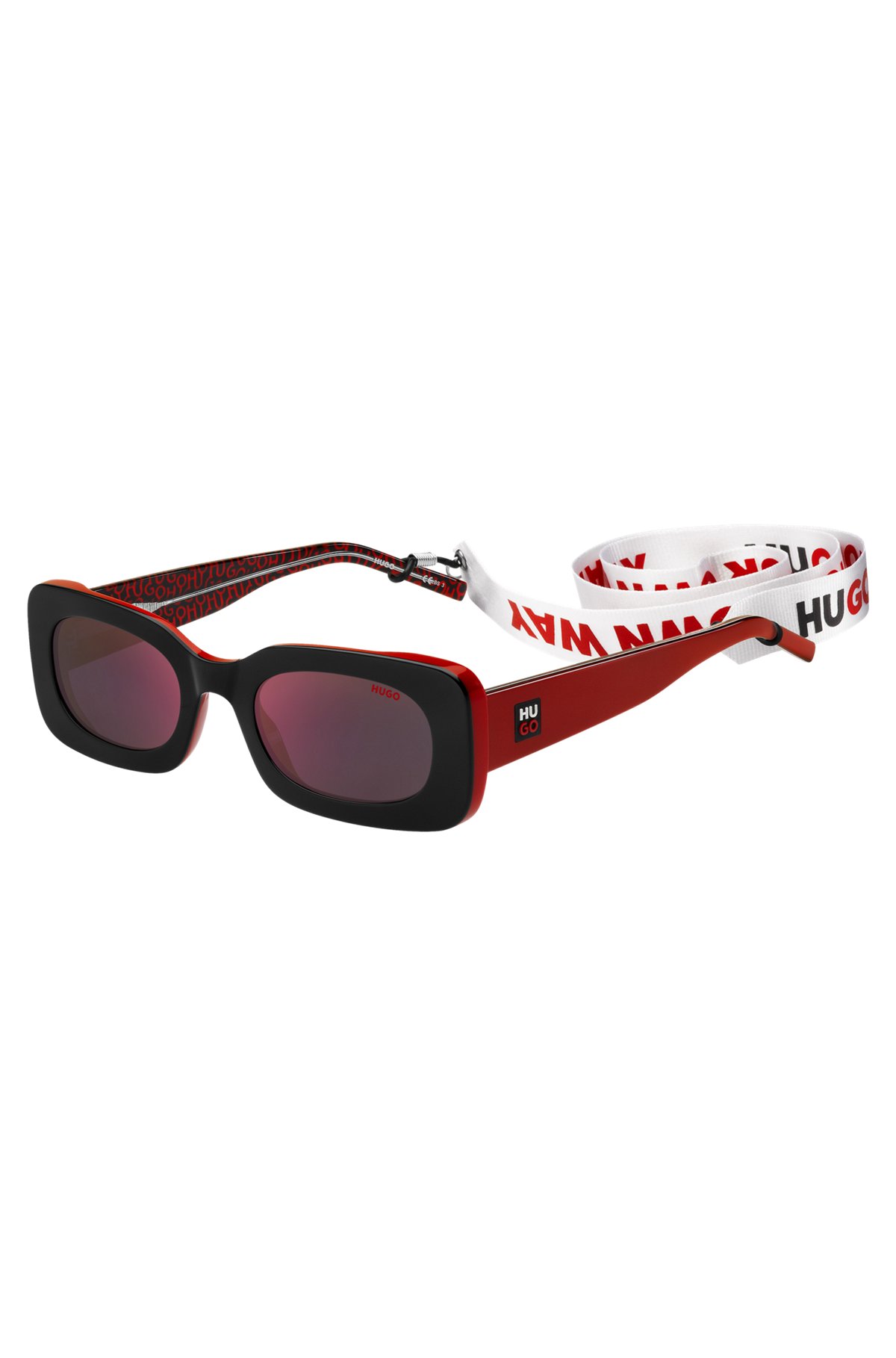 Red-and-black-acetate sunglasses with detachable slogan strap, Red