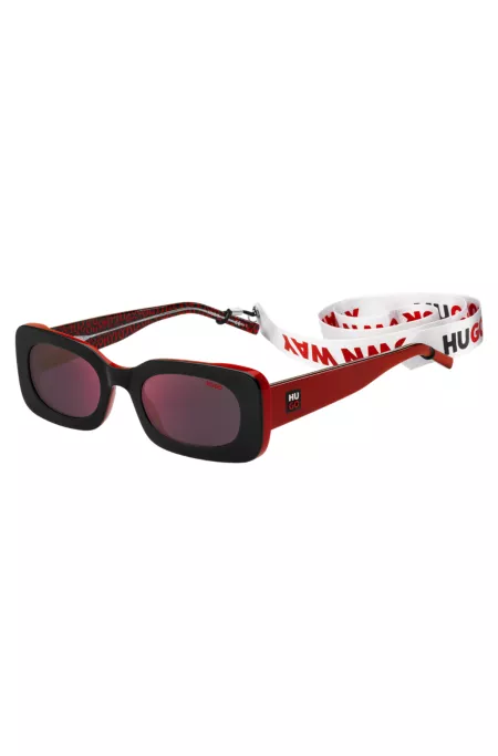 Red-and-black-acetate sunglasses with detachable slogan strap
