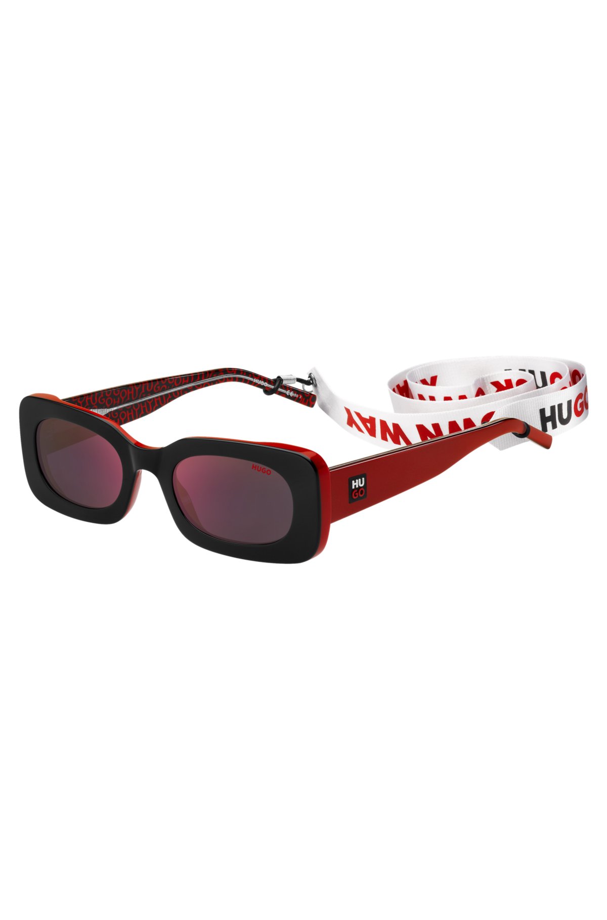 type spannend Regelen HUGO - Zonnebril van rood en zwart acetaat met afneembare sloganband