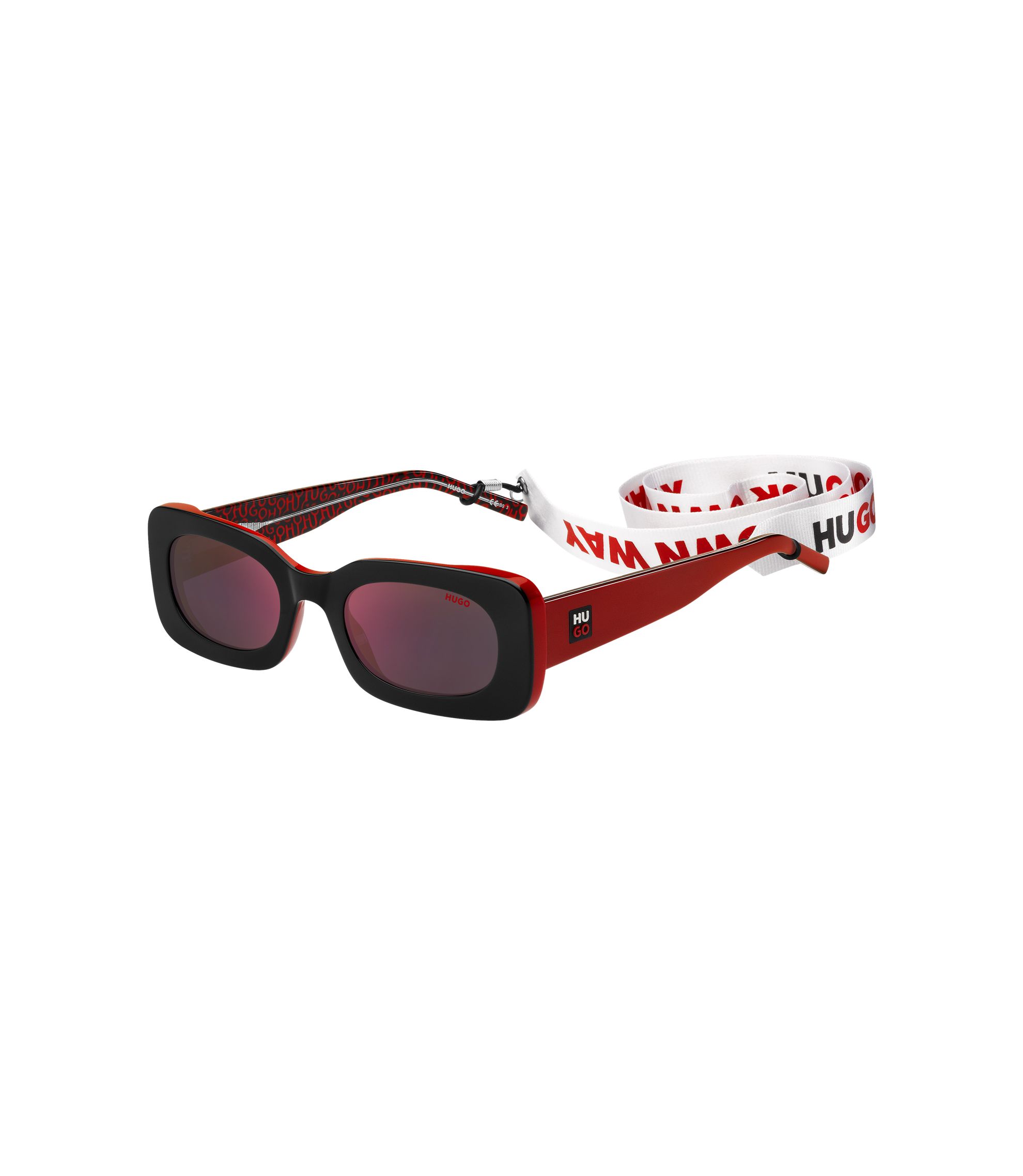 Rot-schwarze Acetat-Sonnenbrille mit abnehmbarem Slogan-Riemen