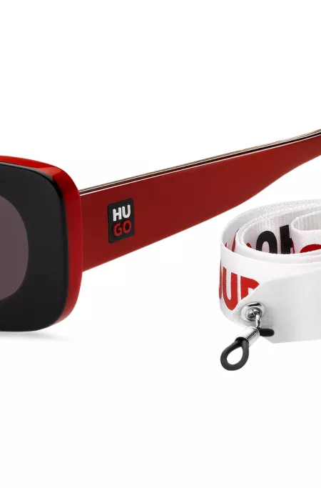 Red-and-black-acetate sunglasses with detachable slogan strap