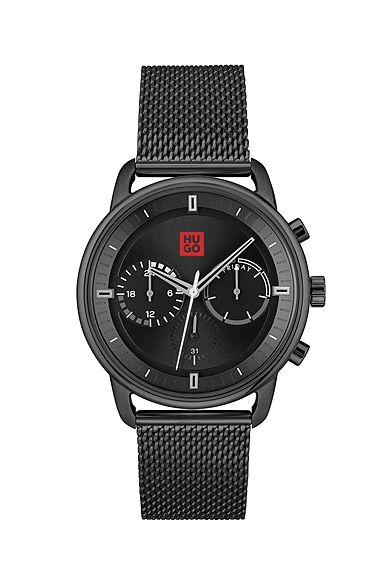 Black-effect watch with mesh bracelet, Black