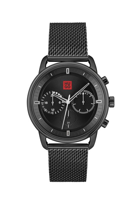 Horloge in zwarttinten met polsband in meshstructuur, Assorted-Pre-Pack