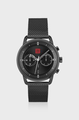 Montre &agrave; cadran noir et bracelet en maille milanaise, Noir