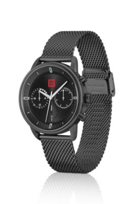 Black-effect watch with mesh bracelet, Black