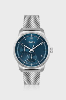 Blue-dial multi-eye watch with mesh bracelet, Silver