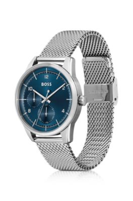 Blue-dial multi-eye watch with mesh bracelet, Silver