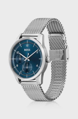 Blue-dial multi-eye watch with mesh bracelet, Silver