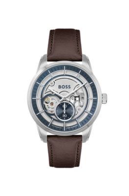 BOSS Skeleton dial automatic watch with brown leather strap