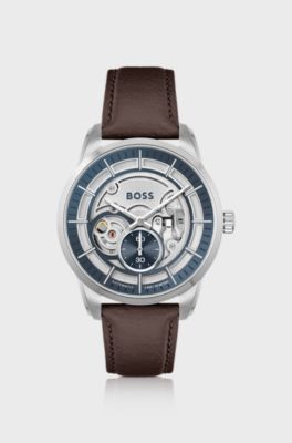 Skeleton-dial automatic watch with brown leather strap, Dark Brown
