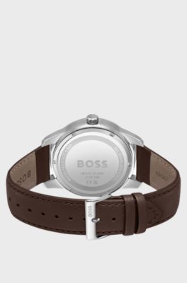 Skeleton-dial automatic watch with brown leather strap, Dark Brown