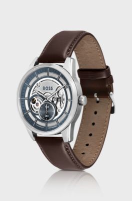 Skeleton-dial automatic watch with brown leather strap, Dark Brown