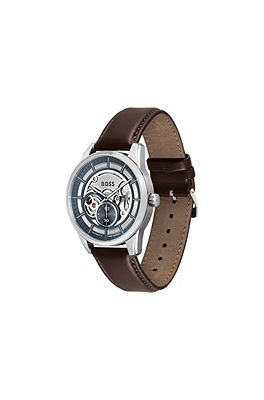 BOSS Skeleton dial automatic watch with brown leather strap