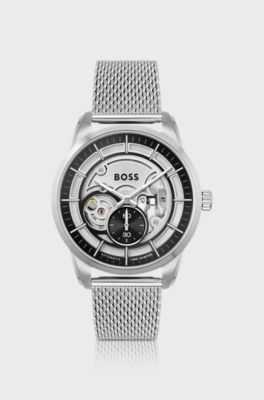 Skeleton-dial automatic watch with mesh bracelet, Silver