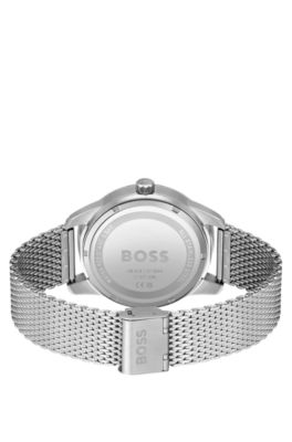 Skeleton-dial automatic watch with mesh bracelet, Silver